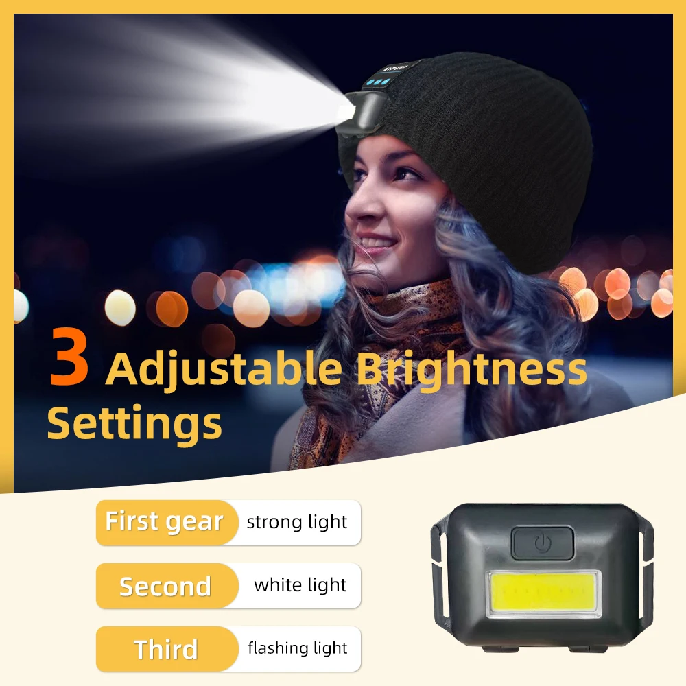 Bluetooth Beanie with Light, Unisex LED Headlamp Hat with Wireless Headphones, Unique Christmas Birthday Gifts