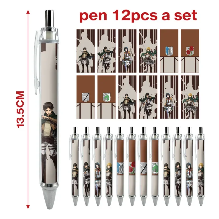 12PCS Eren Jaeger Mikasa Ackerman Armin Arlert Popular Anime 2D Peripheral Ballpoint Pen Set Cool Printed Stationery Gel Pen