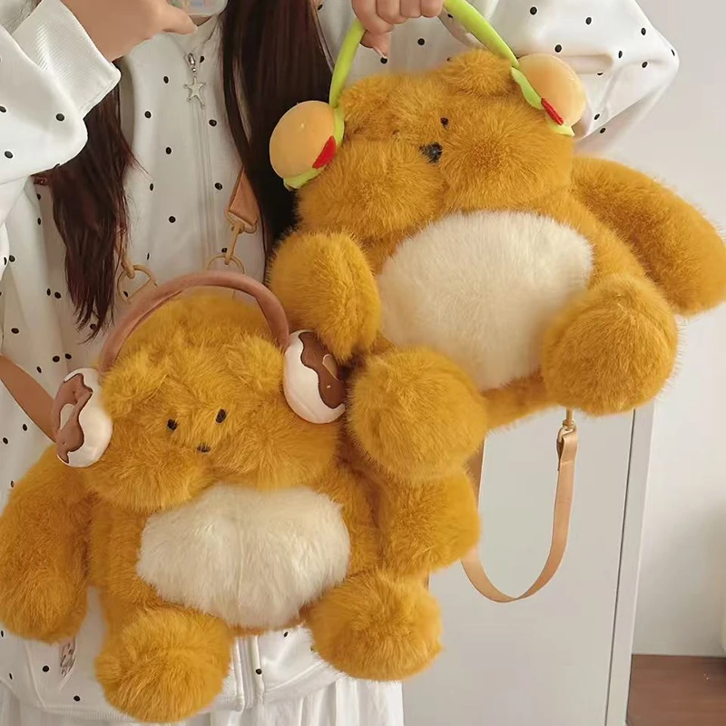 かわいいクマの漫画子猫バックパック女の子用スイートショルダーバッグ人形漫画動物ぬいぐるみクロスボディバッグぬいぐるみバックパック