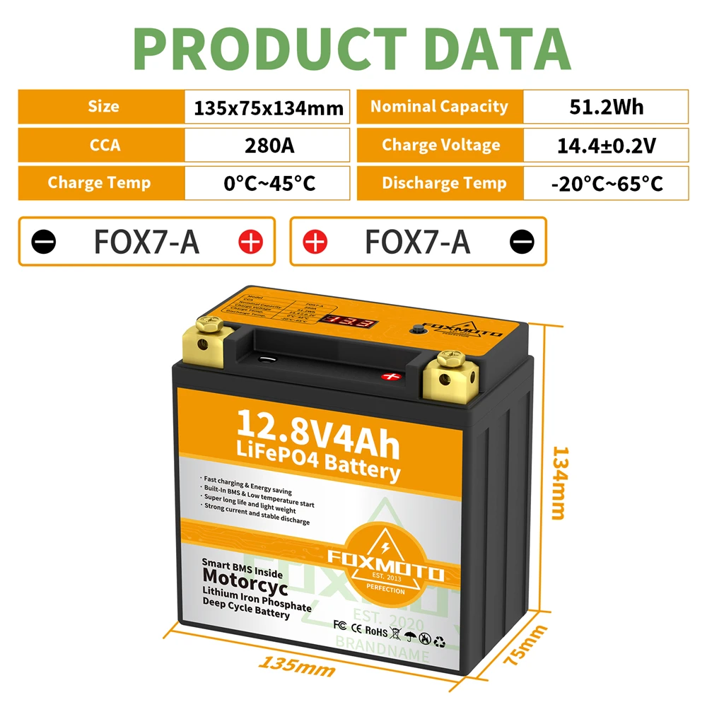 FOX7-A 12.8V 51.2Wh CCA 280A BMS Motorcycle Start Battery 12.8V Lithium iron Phosphate Scooter LiFePO4 Batteries YTX7-A