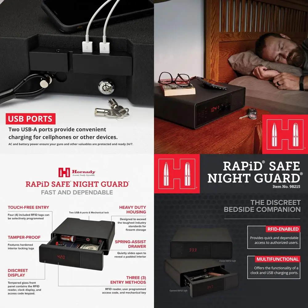 

Ночной сейф для оружия с биометрическим считывателем, часами, USB-портами - 3 способа доступа и защитный трос