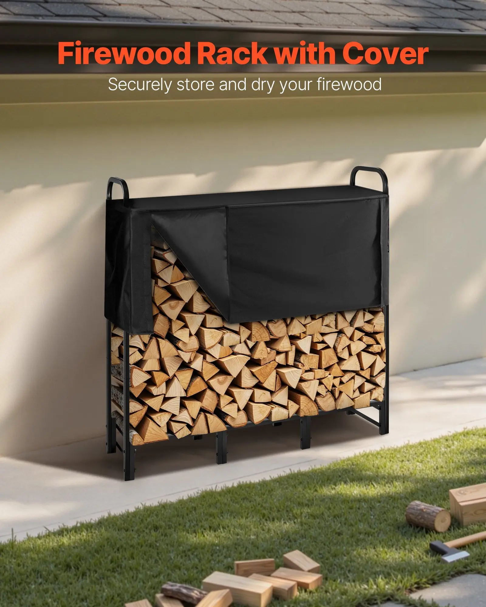 4 FT Outdoor Firewood Rack with Waterproof Cover 1/4 Cord Wood Storage Metal Log Holder 400LB Heavy Duty Firewood Holder