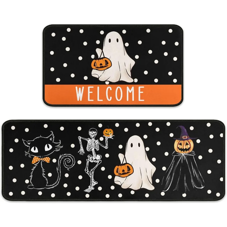 

Хэллоуин Добро пожаловать Кухонные коврики Набор из 2-х украшений Хэллоуина Нескользящая подложка Черный кот Тыква Призрак Череп Кухонные коврики для F