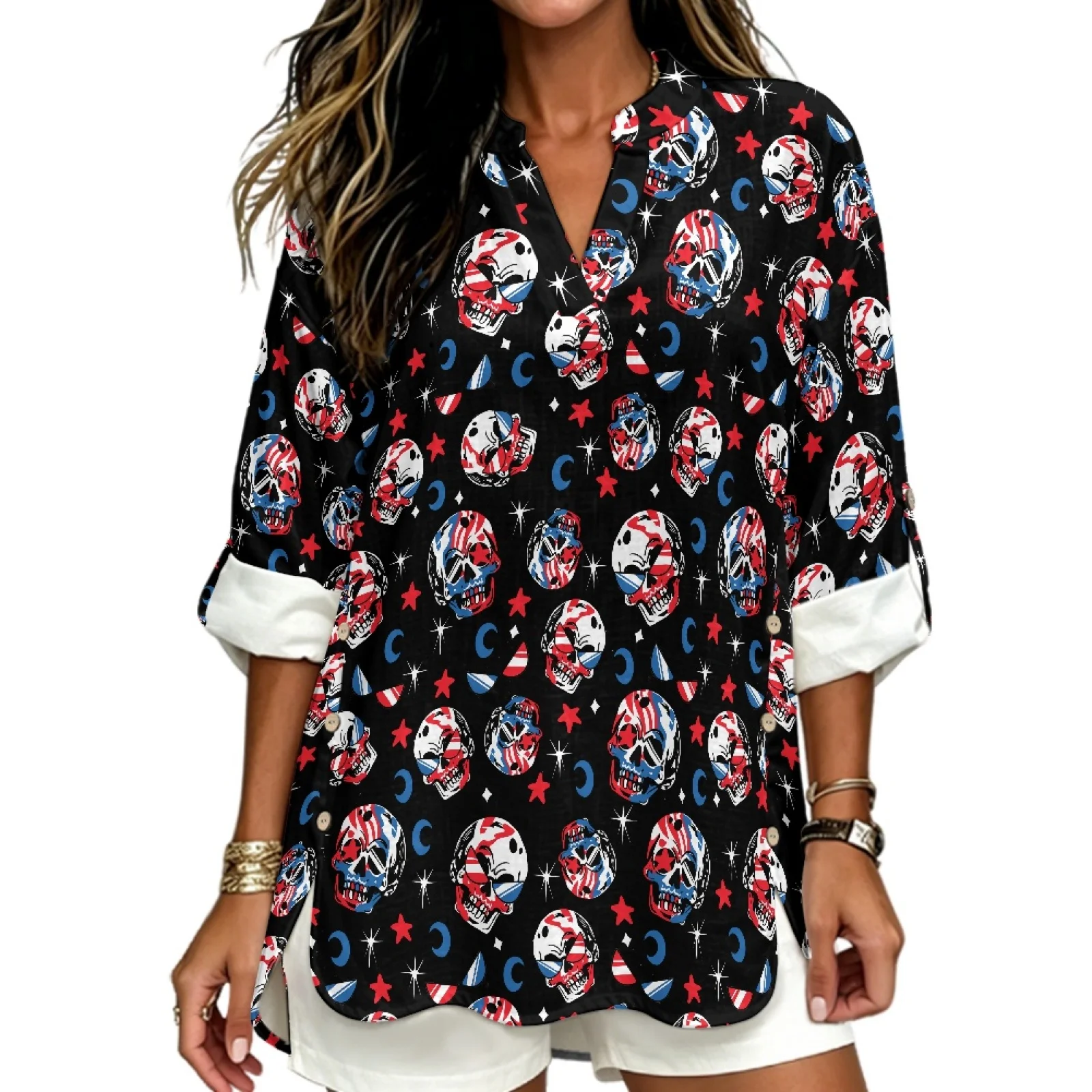 PENSTROLL Roll-Up Linen Like Tunic Tops Lightweight Blouse Top for Resort Skull Design