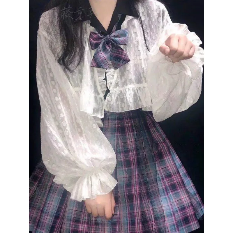 Letnia Lolita Szyfonowa Krótka Kurtka z Bufiastymi Rękawami Damska Warstwa Wewnętrzna Kokarda Długi Rękaw Kardigan Warstwa Zewnętrzna Ochrona Przed Słońcem Top