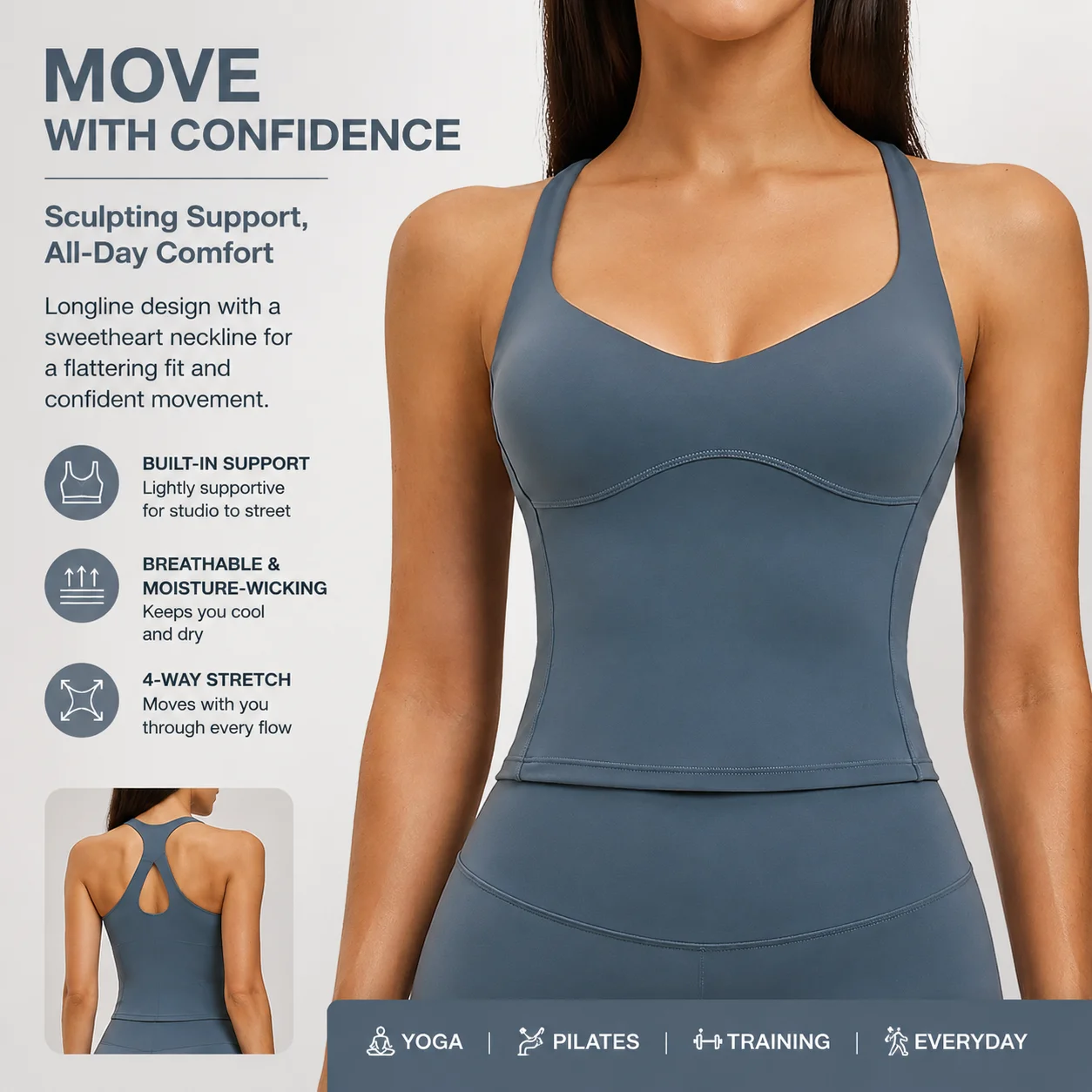 Women's Wide Strap Sweetheart Neck Longline Sports Bra Sculpting Workout Crop Top with Built-In Support for Yoga Pilates