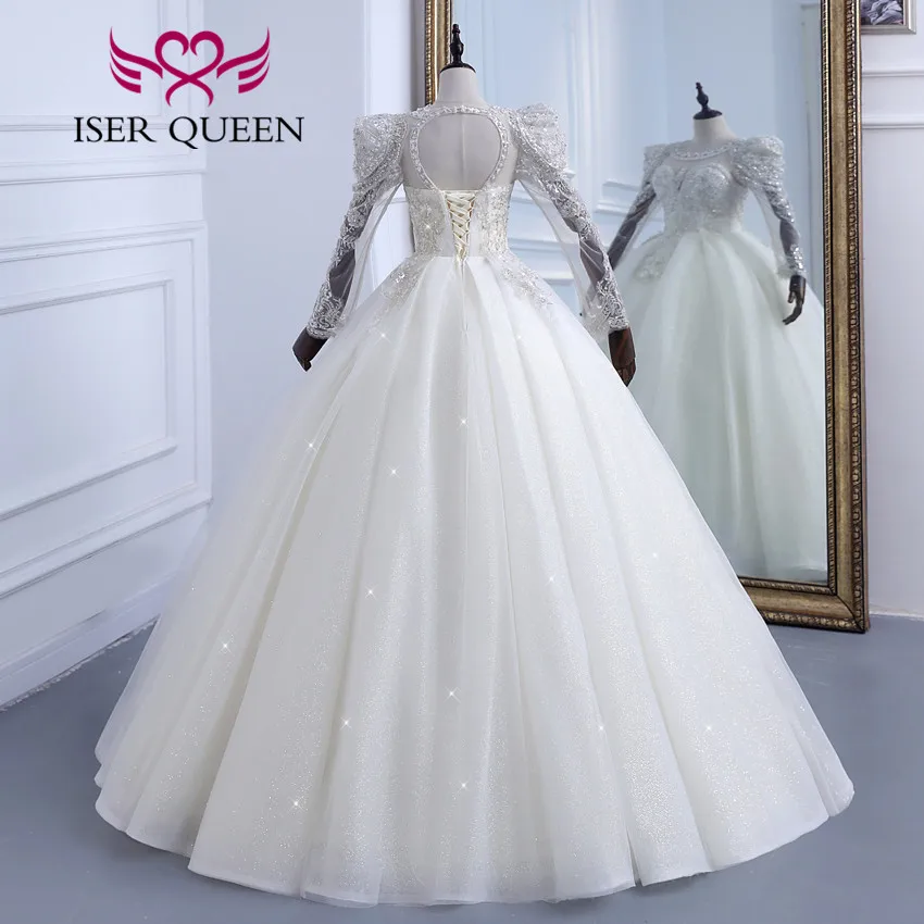 カスタマイズされたパフスリーブ夜会服のウェディングドレスアイボリーシャンパンカラーヘビービーズギルターチュールウェディングドレス結婚WX0306