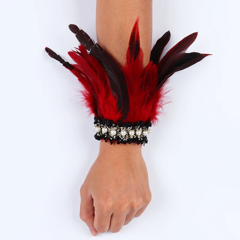 Puños de plumas de gallo naturales para mujer, muñequeras desmontables, calentador de brazos, accesorios góticos para fiesta Rave, manchette de