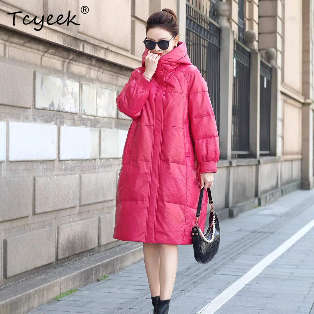 Tcyeek 리얼 탑 레이어 양가죽 화이트 덕 다운 가을 겨울 후드 미드 길이 여성용 천연 가죽 재킷 자케타 쿠로