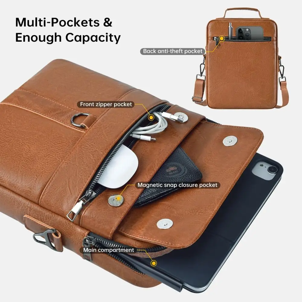 New 10-14.1inch Tablet Case Adjustable PU Leather Laptop Sleeve Case with Shoulder Strap Waterproof Laptop Shoulder Bag