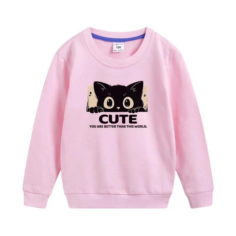 Niedlicher Kapuzenpullover mit Katzenmuster für kleine Mädchen, langärmeliges Frühlingspullover für Kinder, New School-Sweatshirt