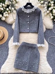 Autumn French Vintage Embroidery 2 Piece Sets Women Y2k Aesthetic Coat + Solid Short Skirts New Design Elegant Chic Clothes 2024