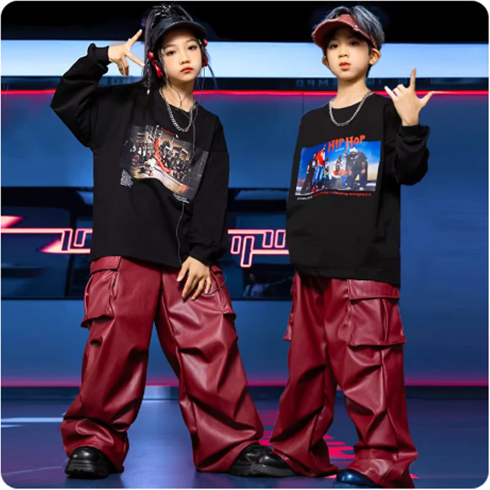 

Kids Street Dance Costume Boys Jazz Dance Clothing Girls Hip Hip Stage Wear Children Dancewear Black Tops Red Shuffle Pants