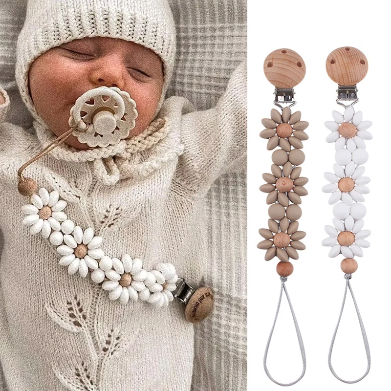 Daisy Bebe Silicone Pacifier Clip Holder Wooden Pacifier Clip Chain Dummy Clip for Baby Girl Boy Neborn Infant Chewable Teether