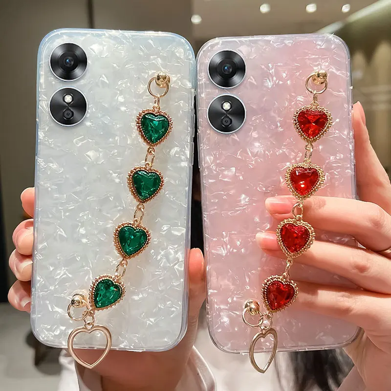 Luxury Diamond Bracelet Chain Phone Case For OPPO A17 Case 6.56\'\' Shell Glitter Heart wrist On A17 A 17 A57S Strap Cover Capa