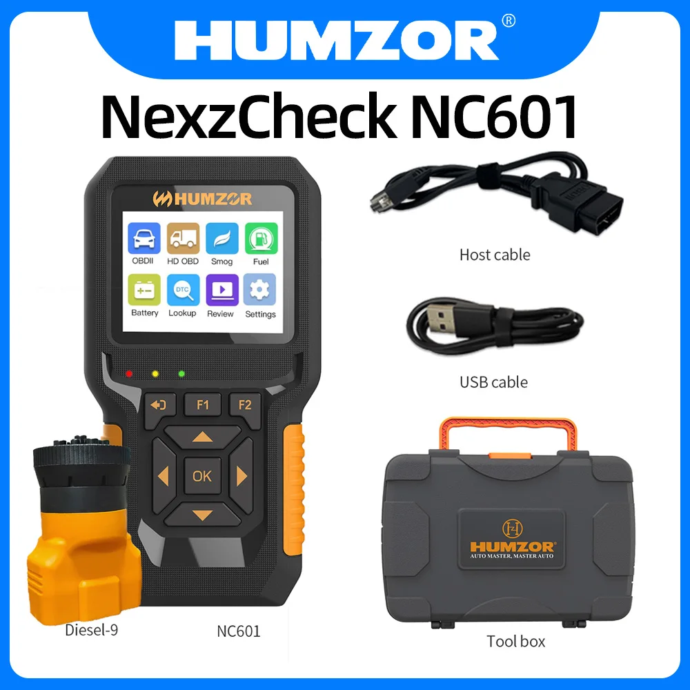 HUMZOR NexzCheck NC601 12V 24V Gasoline and Diesel OBD2 Code Scanner I/M Readiness, Smog Check, Fuel Analysis, Battery Test 