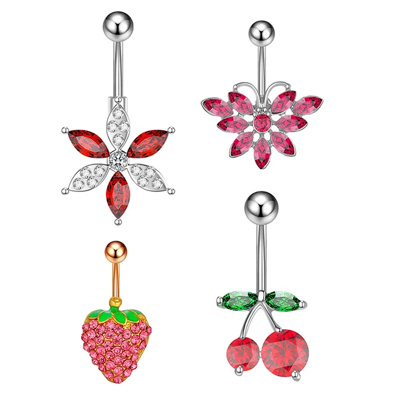 Fashion Zircon Strawberry Cherry Flower Belly Button Ring Body Jewelry Decoration For Women