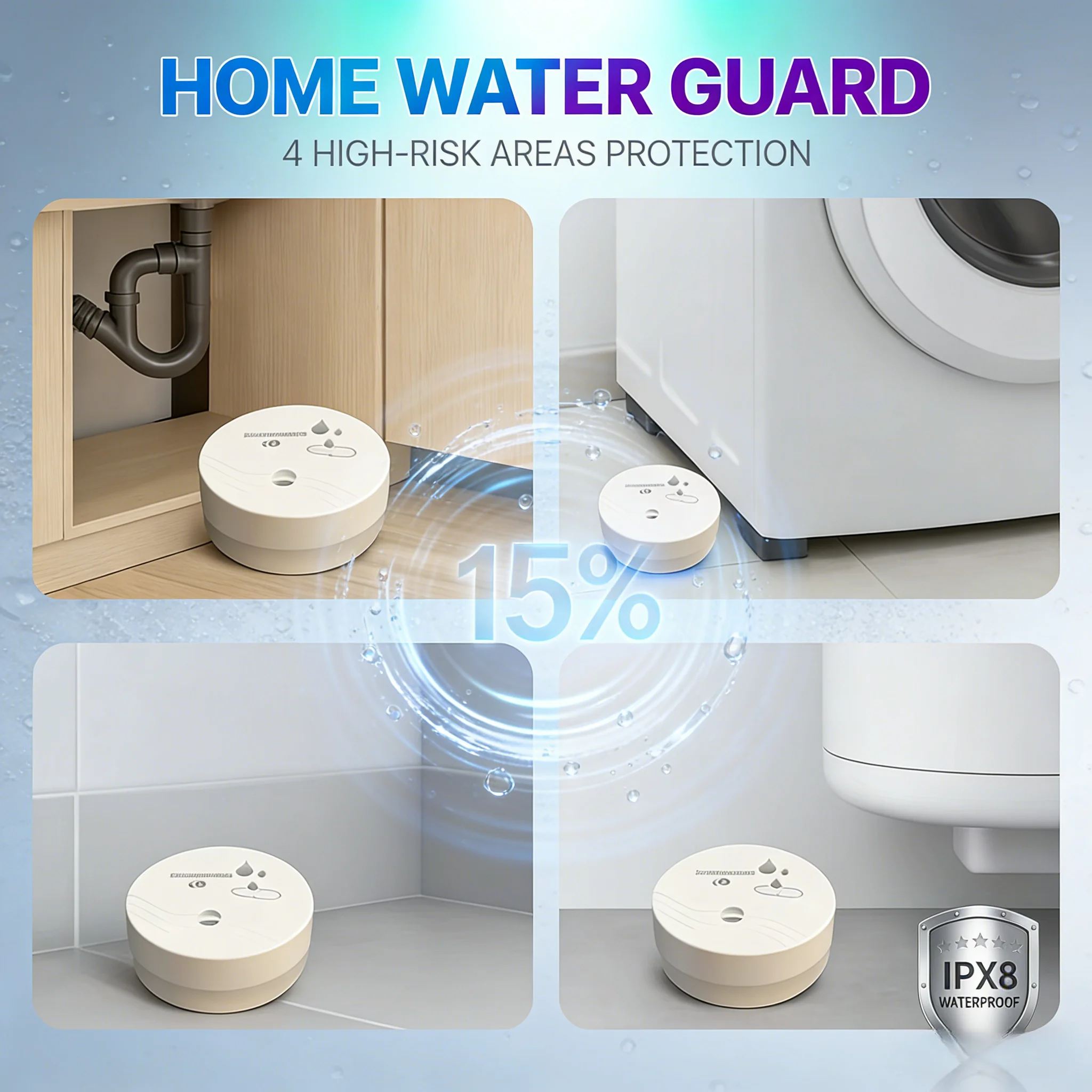 Water Leakage Detector High-Sensitivity 90dB, Power-Outage Working for Kitchen Washing Machine Area