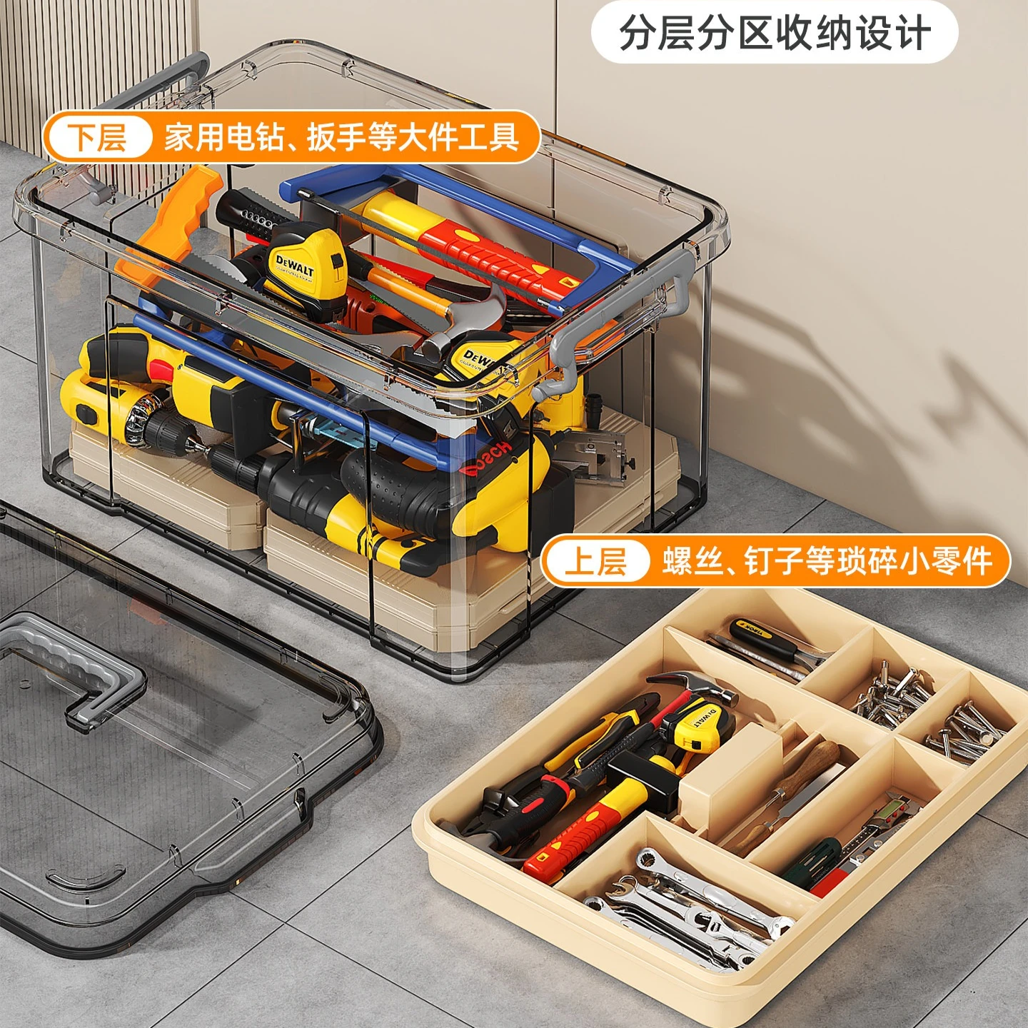 Transparent Double Layer Handheld Tool Box Multifunctional Household Storage Case Hardware Parts Sundries Organizer