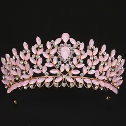 DIEZI Korean Pink Opal Crystal Crown For Women Girls Elegant Bride Queen Bridal Tiaras Hair Accessories Wedding Gift Headbands