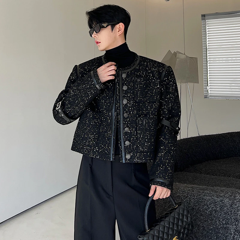 LUZHEN Fashion Korean Casual Short Jackets Men's Leather Outline Splicing Design Trendy Sequin Outerwear Coat Spring New LZ6856