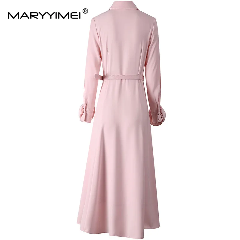 MARYYIMEI Autumn and winter Women\'s Dress Turn-Down Collar Long Sleeved Appliques Single-Breasted Young girls Dresses With Belt