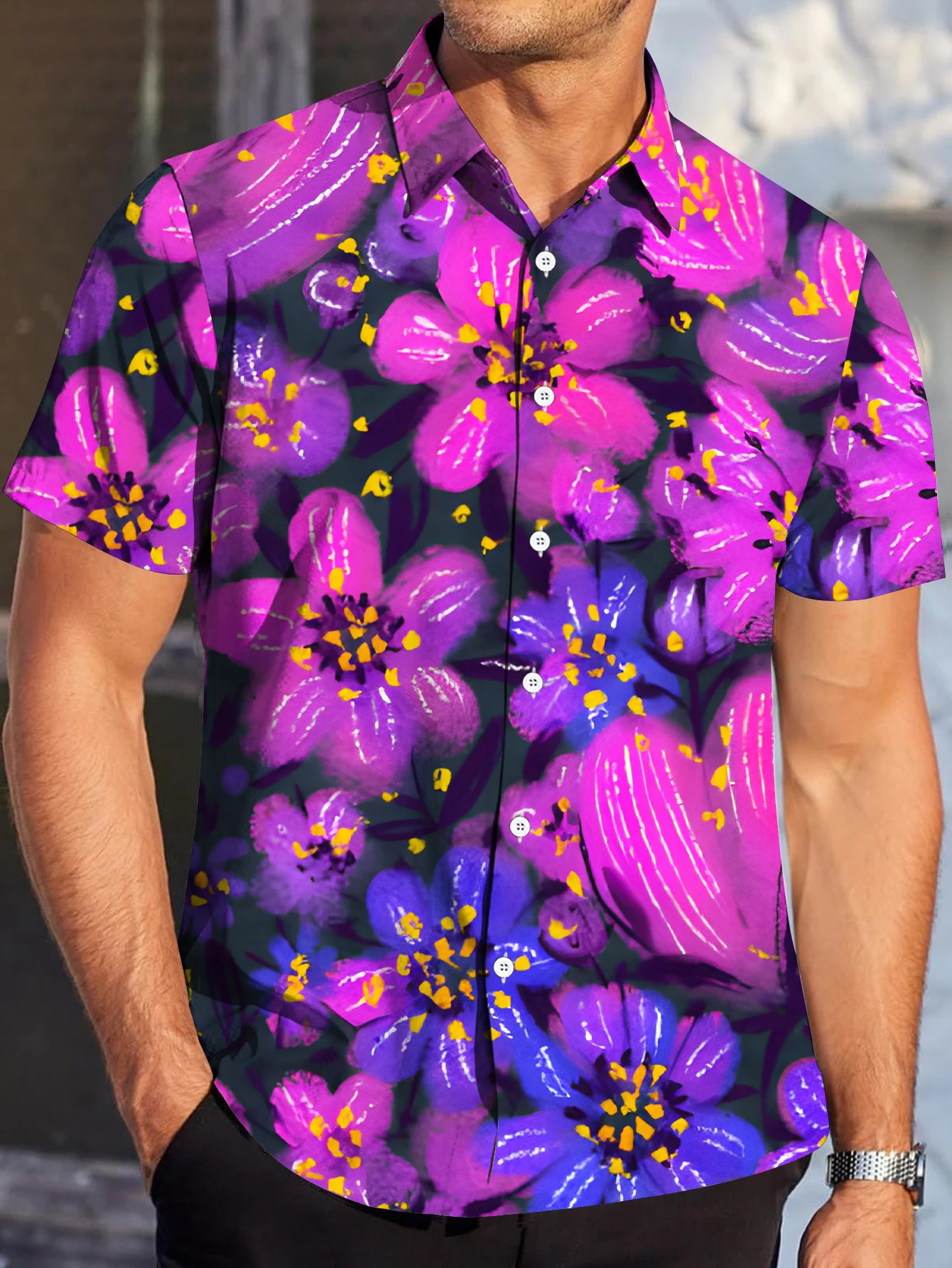 Men's Bohemian Short Sleeve Shirt - Full-Body for Lotus & Leaf Print, Navy Blue with Pink Floral, Re Fit Button-Up Casual Shirt