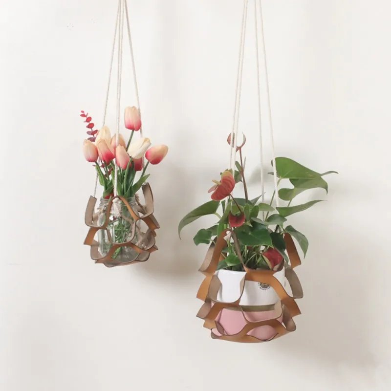 PU Leather Plant Hanger Macrame Wall Hanging Planter Shelf Decorative Flower Pot Holder Boho Home Decor for Small Plants