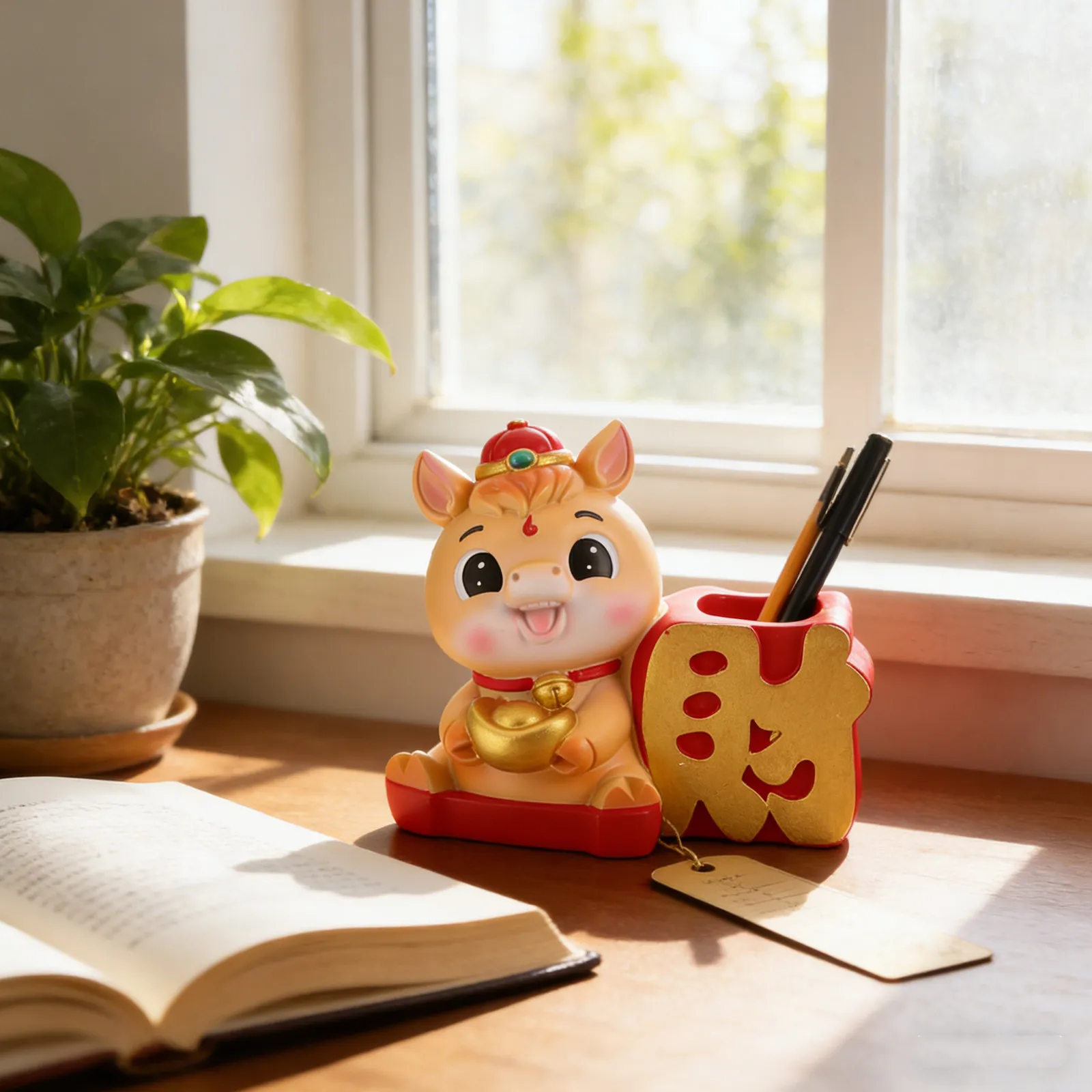 zodiac-horse-2026-desktop-pen-holder-resin-feng-shui-wealth-statue-cute-stationery-organizer-for-office-desk-home-study-chinese