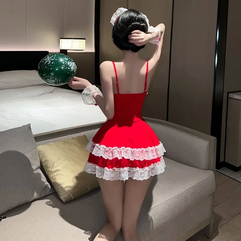 Christmas Collection New Winter 2025 Lace Embellishment Slip Dress Backless Low Cut Design Bow Trim Collocation Silk Stockings