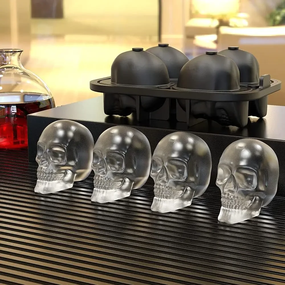 Large 4D Skull ICE MOLD Silicone 4 Cavity Super Flexible Ice Cube Mold with Funnel  for Jello Whiskey Cocktails Chocolate Juice