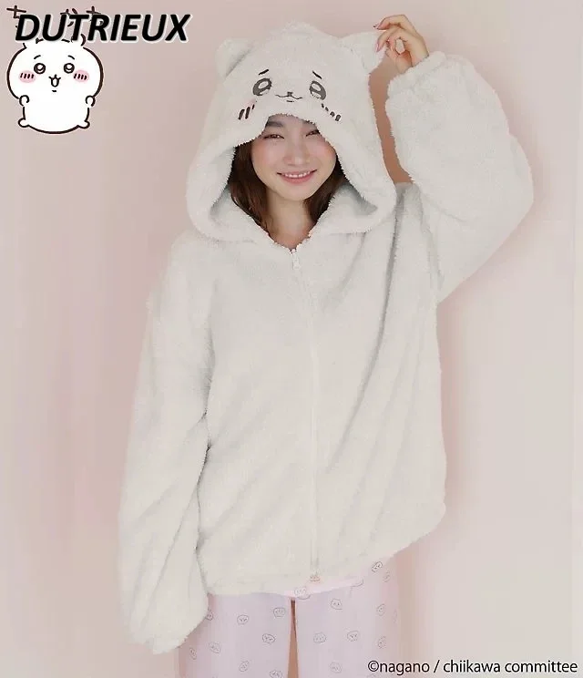 

Japanese Style Autumn and Winter Long Sleeve Sweet Cute Hooded Pajamas Solid Color Loose Zip Kawaii Hoodies Coat for Women