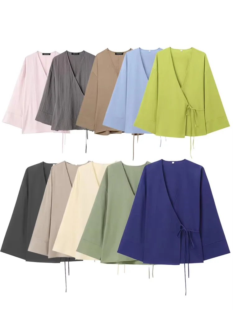 

HH Women Kimono Style V-Neck Laced Up Slim Blouse Top Woman Fashion Solid Belt Asymmetric Decorate Casual Loose Top Mujer