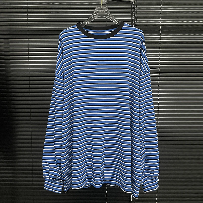 

KBQ Hit Color Stripe Минималистичная свободная футболка для женщин с круглым вырезом и длинным рукавом Повседневный дизайн Sense Топы Женская мода Стиль Новый