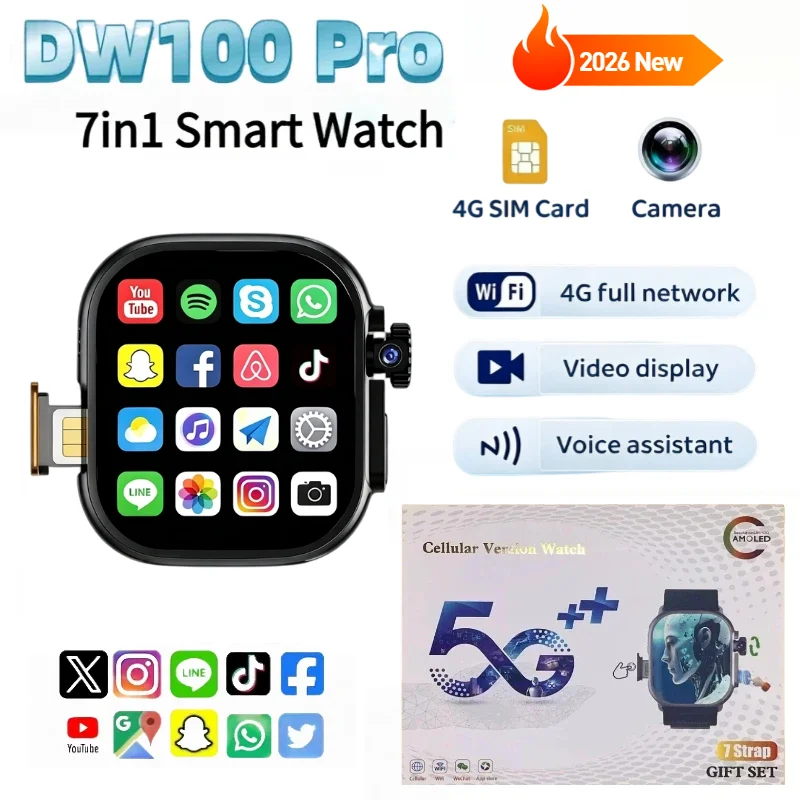 Original DW100 Pro Touch ID Smartwatch with Fingerprint Unlock 2.29'' AMOLED Screen 180° Rotating Camera  WiFi GPS SIM Card Slot