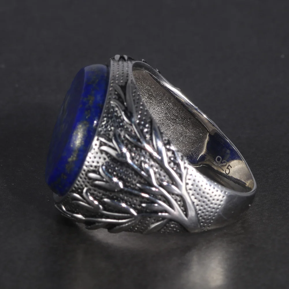 Genuine Solid 925 Sterling Silver Rings With Natural Lapis Lazuli Tree Branches Engraved Turkish Finger Rings Man Ring