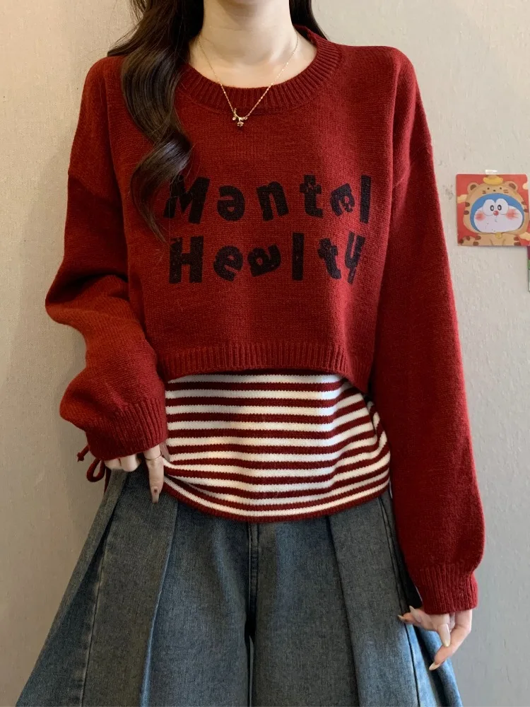 

Трикотажный свитер в красную полоску, женский свитер больших размеров, осень-зима, новый комплект из двух предметов, скрывающий утягивающий полосатый узор