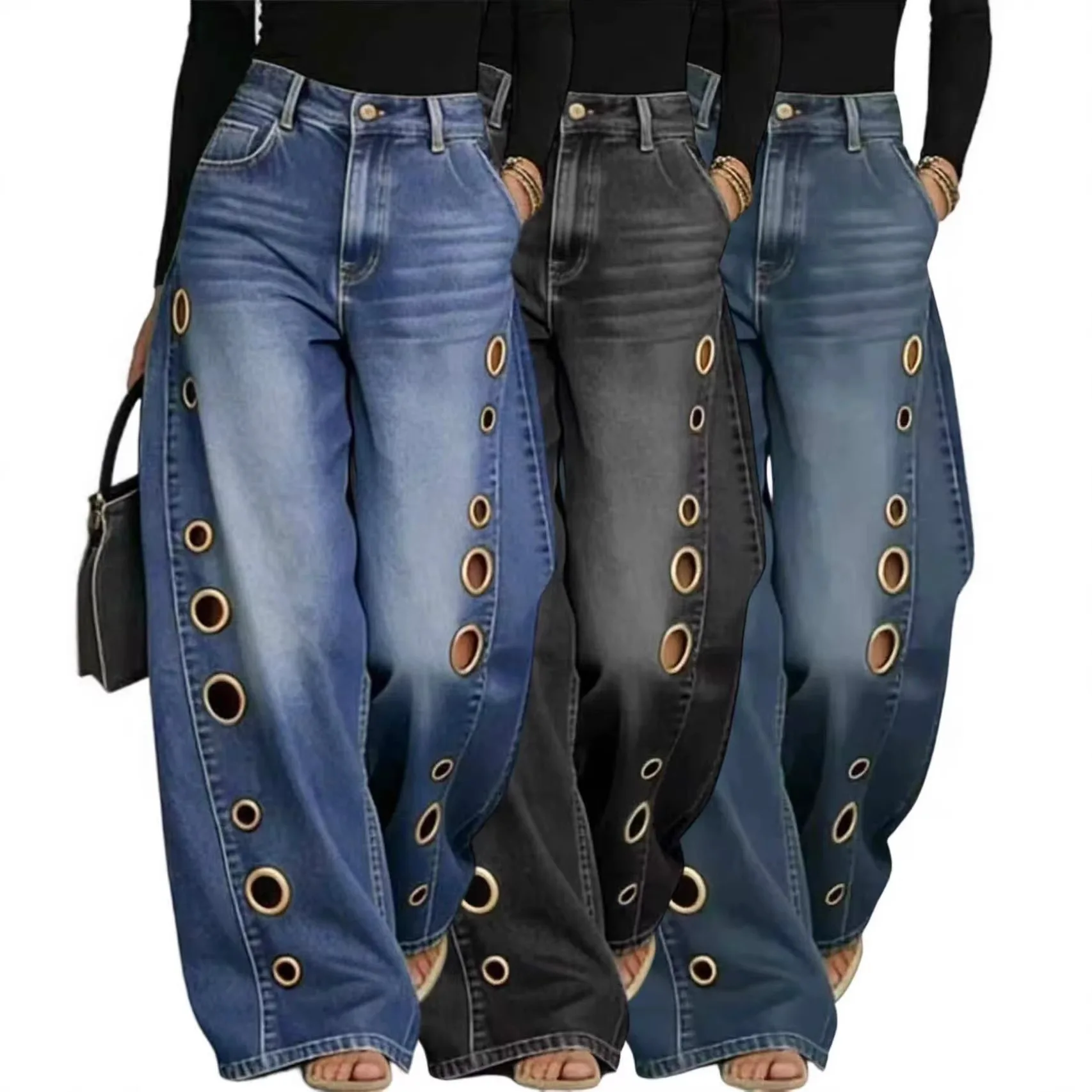Women High Waist Hollow‑Out Wide Leg Jeans Retro Gradient Loose Denim Trousers Fashion Street Style Hole Design Long Pants