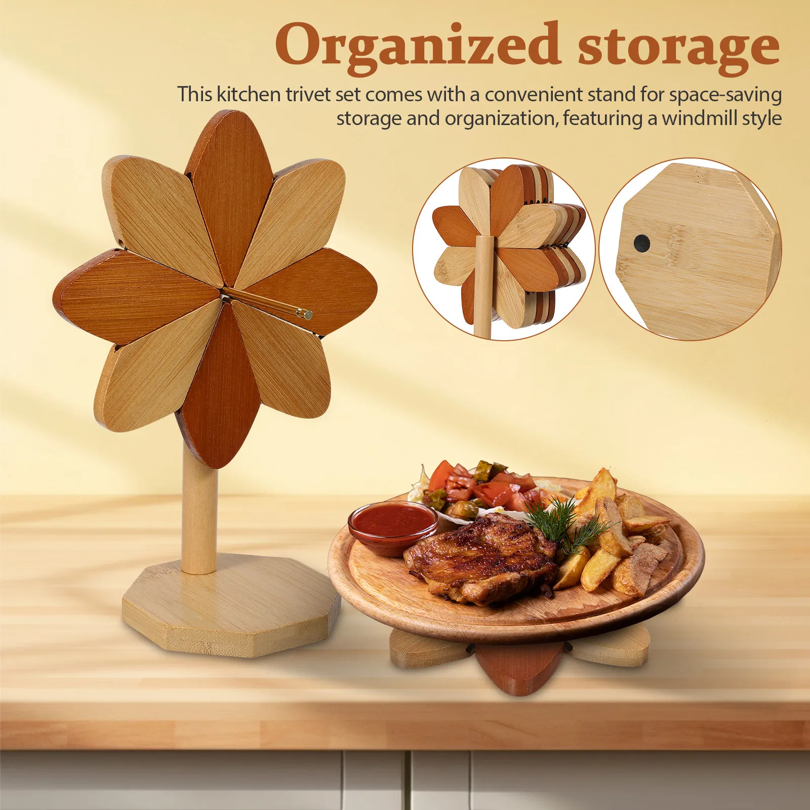 1Set Windmill Shape Heat Resistant Trivet Pads Hot Pot Holder Kitchen Countertop Dining Table Protector Expandable Bamboo Stand