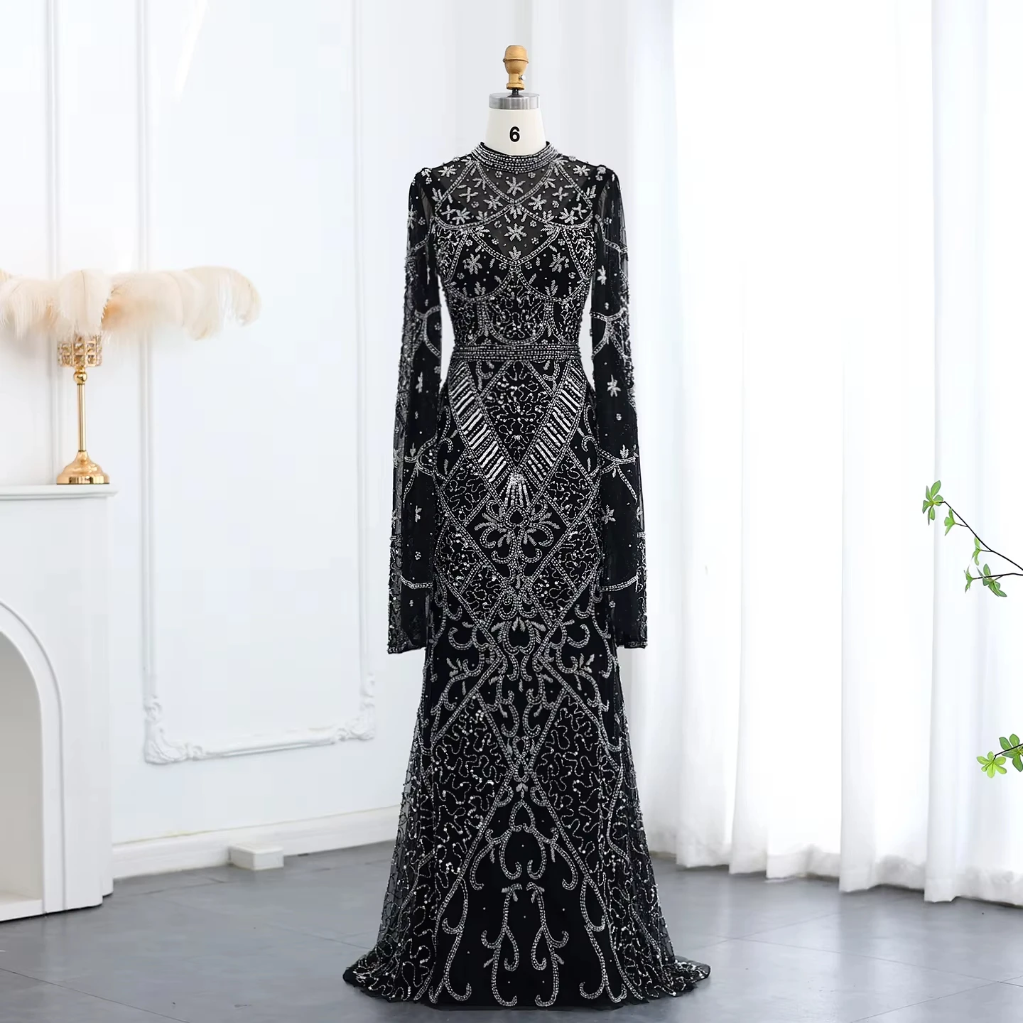 Black Beaded Dubai Luxury Muslim Evening Dress with Flare Long Sleeves High Neck Arabic Formal Party Gowns LSZ153