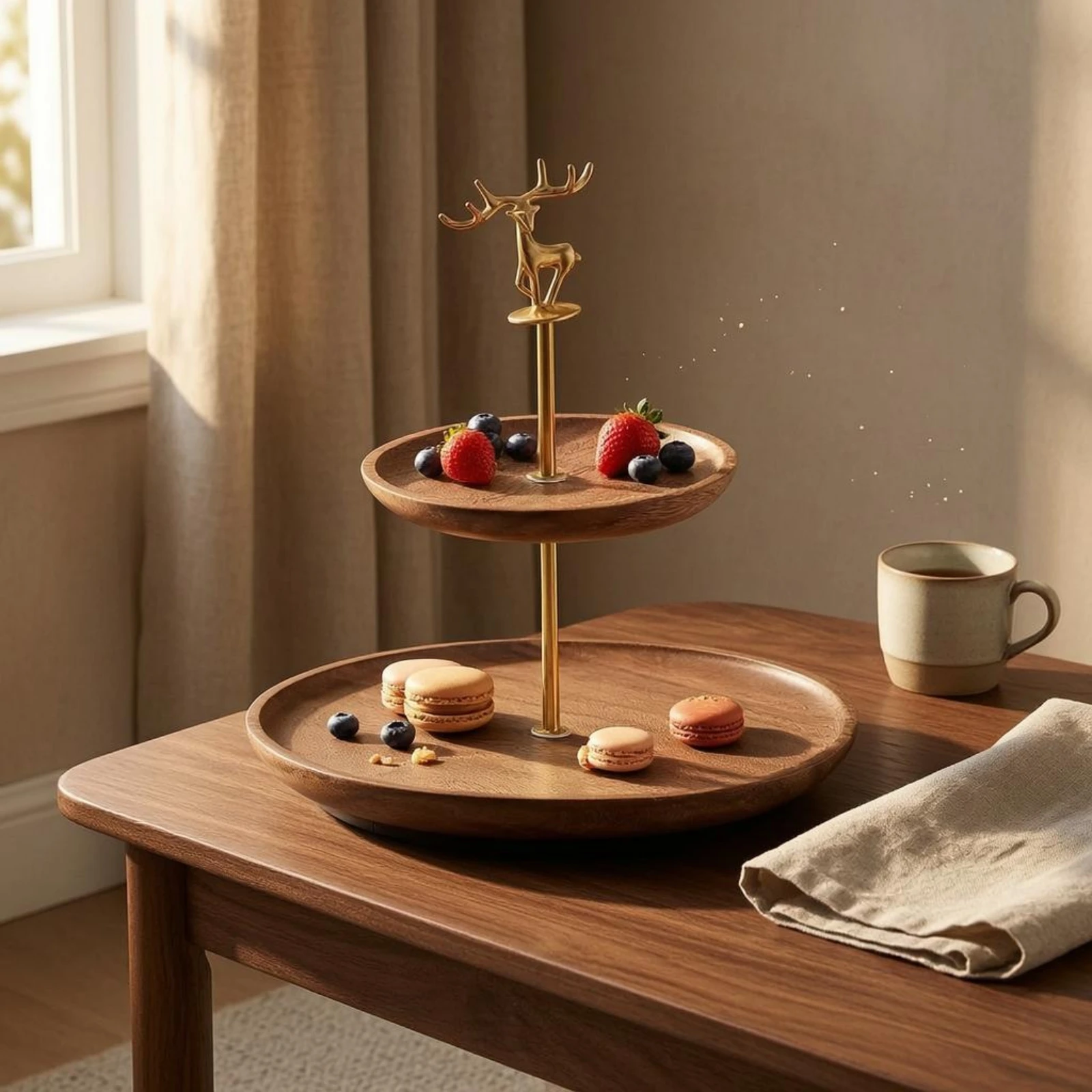 Decorative Deer Tray Round Two-Tier Wooden Tray Tiered Display Stand Shallow Rimmed Edges Metal Frame