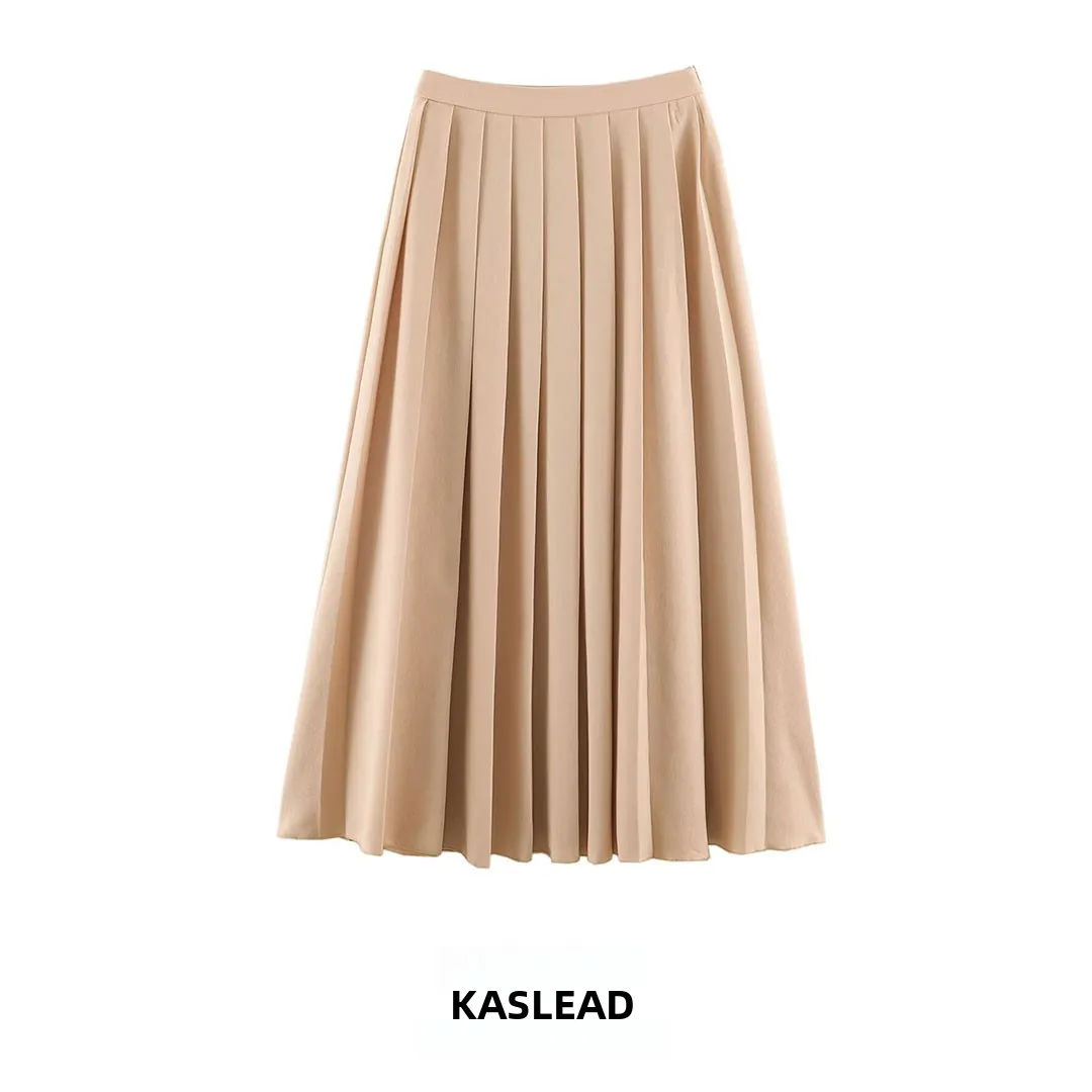 KASLEAD New Women's Fashion Versatile High-End Pure Color Pleated  Skirt A-Line Slim Fit Polyester Fiber mid Waist