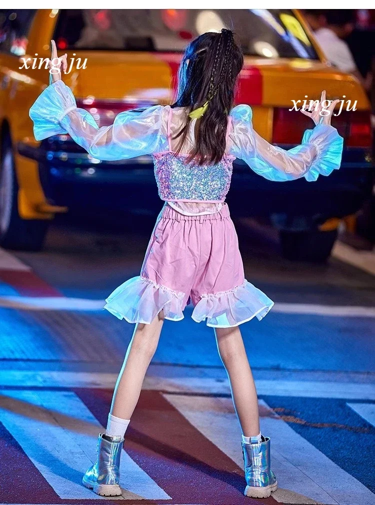 Gilet à paillettes pour enfants, haut transparent, Costume de danse Jazz, jupe Patchwork Hip Hop, vêtements de spectacle sur scène pour enfants