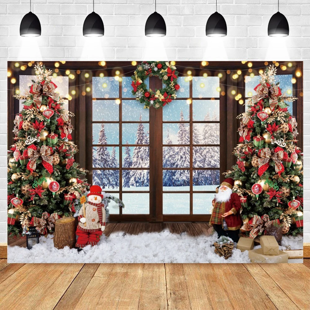 Christmas Backdrop for Photography Winter Christmas Tree Santa Claus Fireplace Wooden Window Kids Portrait Home Decor Background