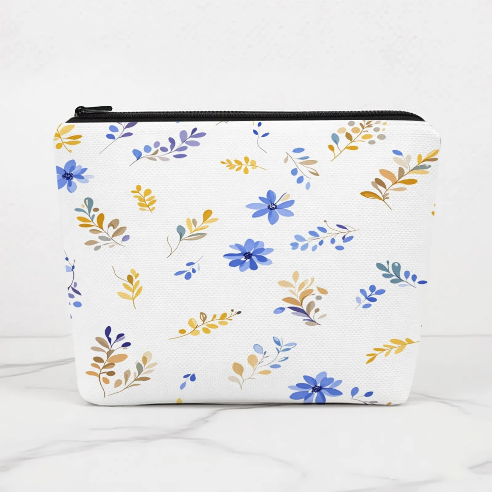 Blue Yellow Floral Pattern Print Makeup Bags for Girls Cosmetic Pouch Toiletry Bag Pencil Case Travel Storage