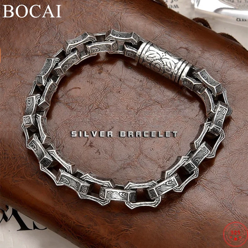 BOCAI S925 Sterling Silver Bracelets for Men New Fashion Eternal Rattan Irregular Square O-chain Punk Jewelry Free Shipping