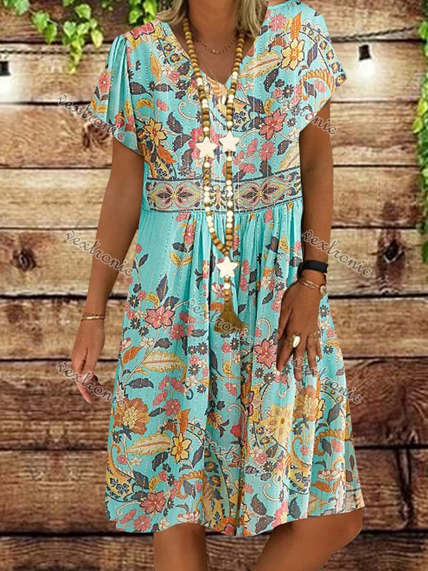 Plus Size Women Casual Short Sleeve V-Neck Floral Printed Midi Dress