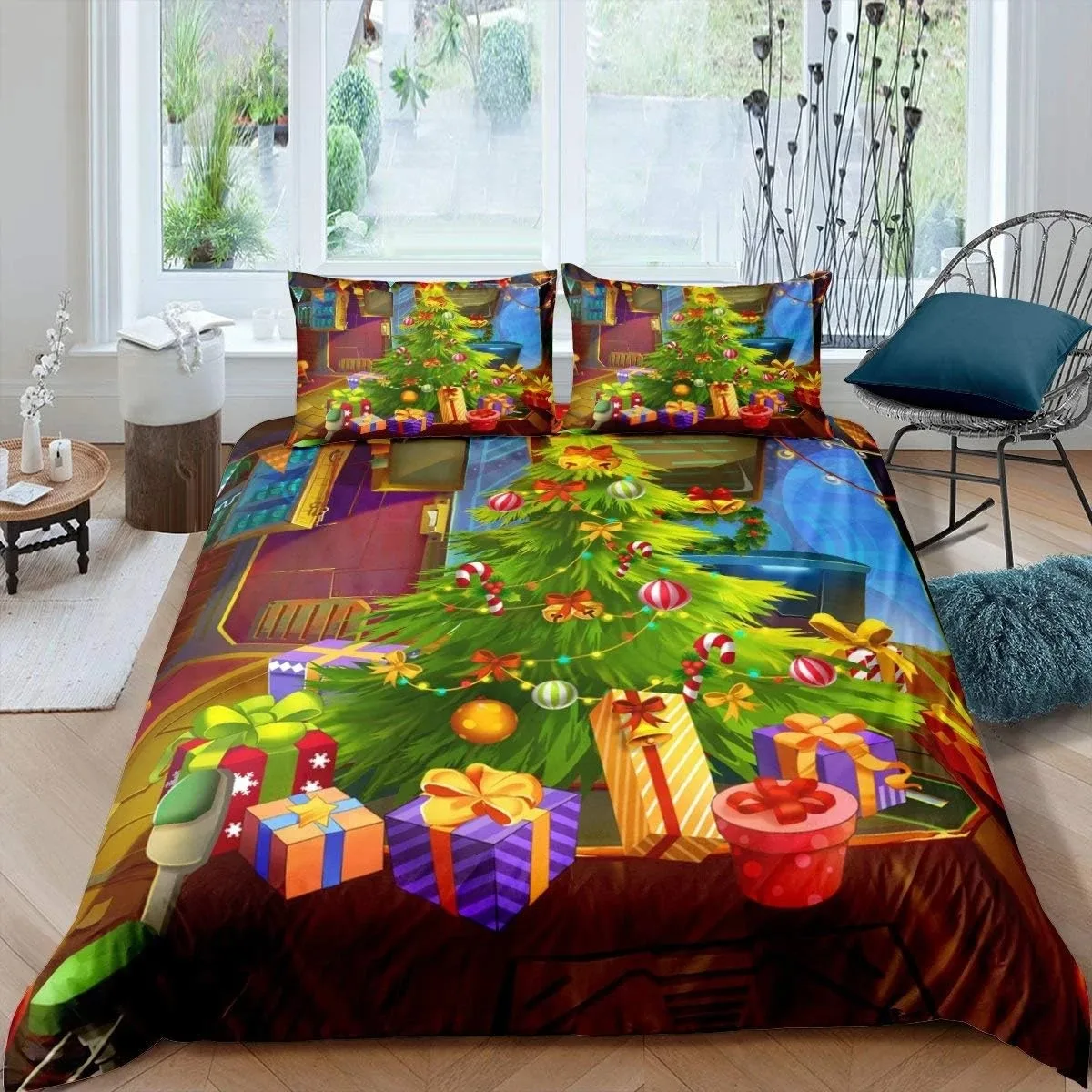 

Christmas Tree Duvet Cover Santa Claus Christmas Night Scene Decor Comforter Cover for Family Teens Merry Christmas Theme Decor