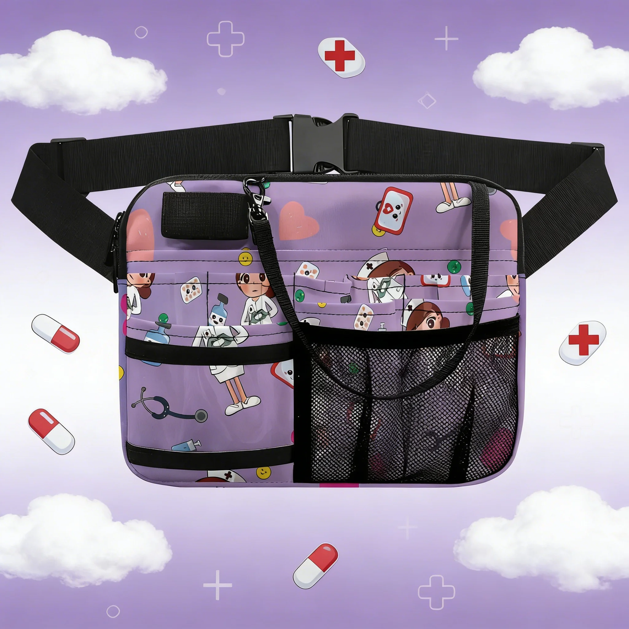 Cartoon Nurse Cat Print Waist Bag, Multi-Pocket Fanny Pack for Healthcare Workers, Portable Medical Utility Pouch