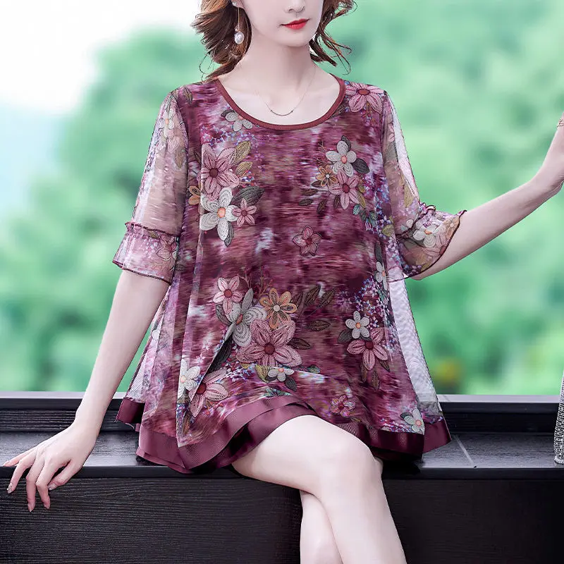 Printing T-Shirts Round Neck Floral Patchwork Short Sleeve Leisure Gauze Loose Thin Summer Korean Casual Women\'s Clothing 2023